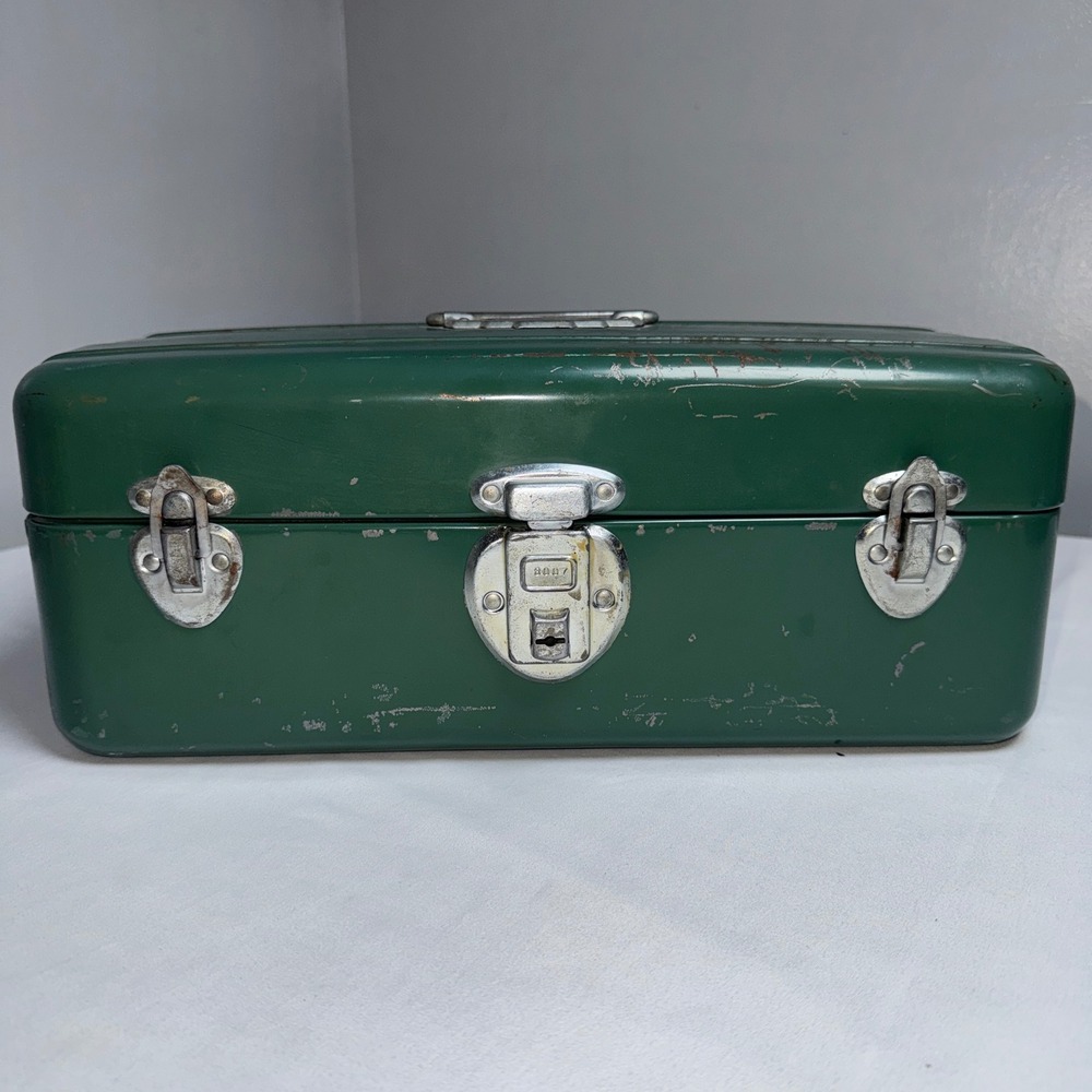 Vintage Union Steel Utility Chest Green Metal Tool Box Cantilever Tray USA Made